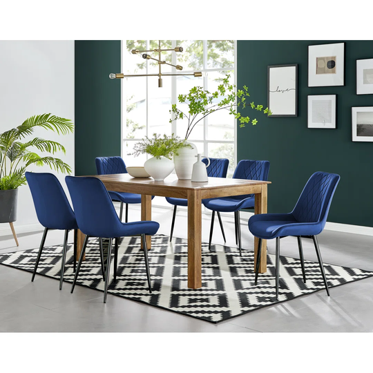 Anders Honey Solid Wood Dining Table & 6 Navy Pesaro Black Leg Chairs