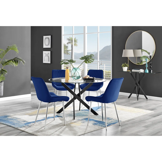 Novara Black Leg 120Cm Round Glass Dining Table & 4 Navy Pesaro Silver Leg Chairs