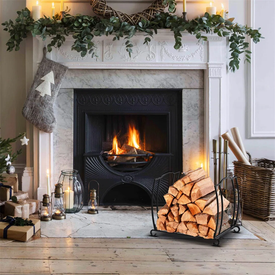 Metal Firewood Rack, Firewood Log Holder For Fireplace, Fireplace Wood Storage Shelf Indoor/Outdoor, 16.8L × 12.5W × 14.9H Inch, Black