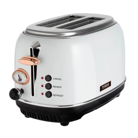 Tower Bottega T20016WMRG 2 Slice Stainless Steel Toaster with Adjustable Browning Control, Defrost and Reheat Settings, White Marble and Rose Gold