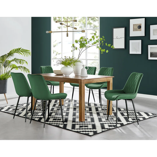 Anders Honey Solid Wood Dining Table & 6 Green Pesaro Black Leg Chairs