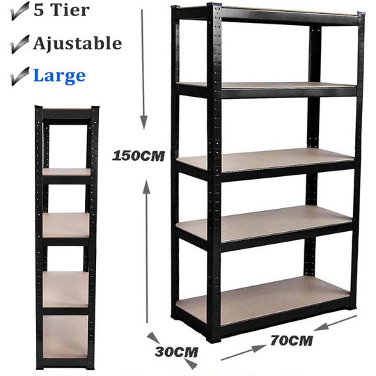 (Heavy Duty 5 Tires Steel Freestanding Boltless Racking 150cm x 70cm x 30cm Black) Garage Shelving Units 5 Tier Metal Storage Racking Shelves