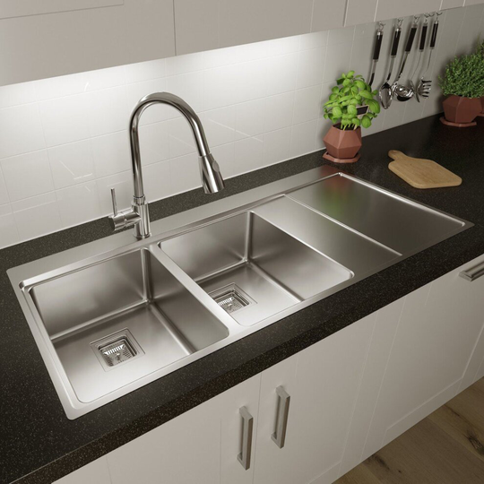 Sauber Kitchen Sink 2.0 Double Bowl RH Drainer Stainless Steel Inset Waste Kit
