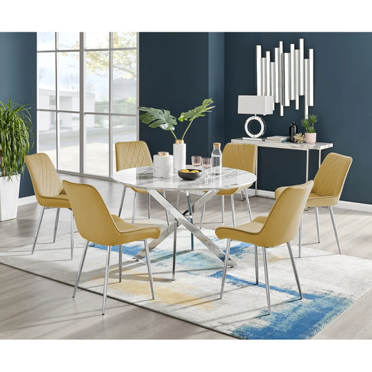 Novara White Marble 120Cm Round Dining Table & 6 Mustard Pesaro Silver Chairs