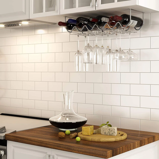Wine Rack & Glasses Holder, Kitchen Organization With 6 Bottle Organizer Metal Black