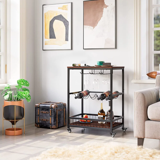 Industrial Bar Carts For The Home, Mobile Bar Serving Cart With Wine Rack And Glass Holder, Beverage Cart, Wine Cart On Wheels, Rolling Drink Trolley