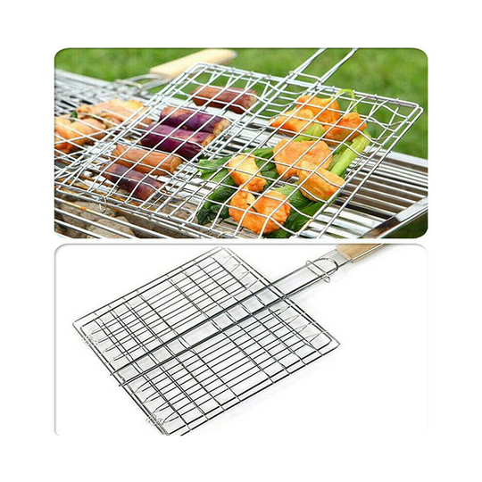 BBQ Long Handle Grill Basket Barbecue Rack Meat Burger Fish Stand