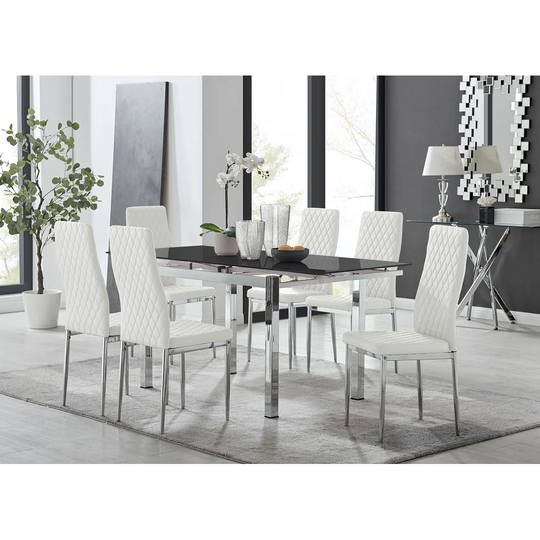 Enna Black Glass Extending Dining Table And 6 White Milan Chairs