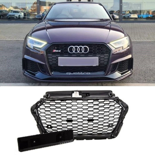 Audi A3 S3 2016-2020 Front Main Grille Gloss Black Honeycomb RS3 Look Badgeless Without Active Cruise Control Hole