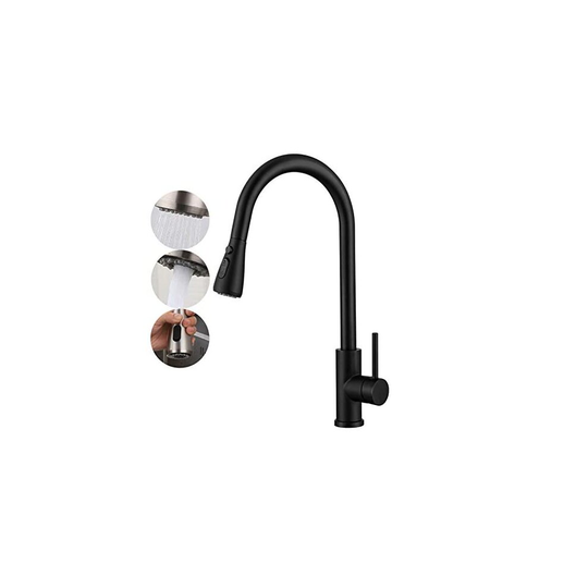 GULICA Kitchen Tap, Black Kitchen Tap, Pause Function 2 Water Mode 360 Degree Swivel Pre-Rinse Pull Out Kitchen Mixer Tap, Matte Black