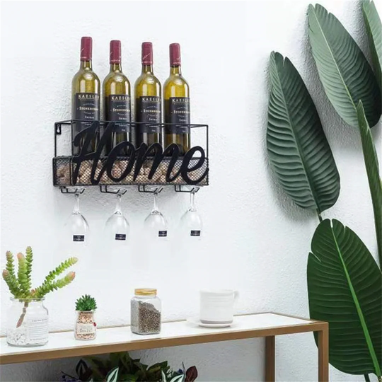 Durante 4 Bottle Wall Mounted Wine Bottle & Glass Rack in Black