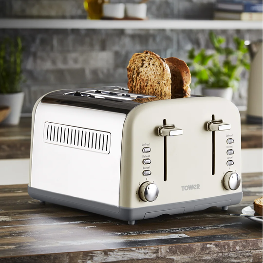 Tower T20042PEB 4 Slice Toaster, Infinity Stone Collection, Stainless Steel Body, 1800 W, Pebble