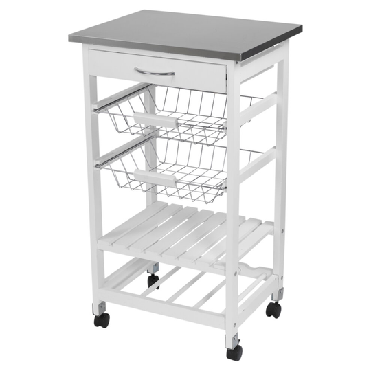 White Wood & Metal Rolling Kitchen Serving Trolley Storage Vegetable