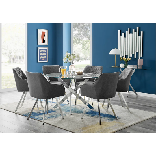 Novara 120Cm Round Glass Dining Table & 6 Dark Grey Falun Silver Leg Chairs