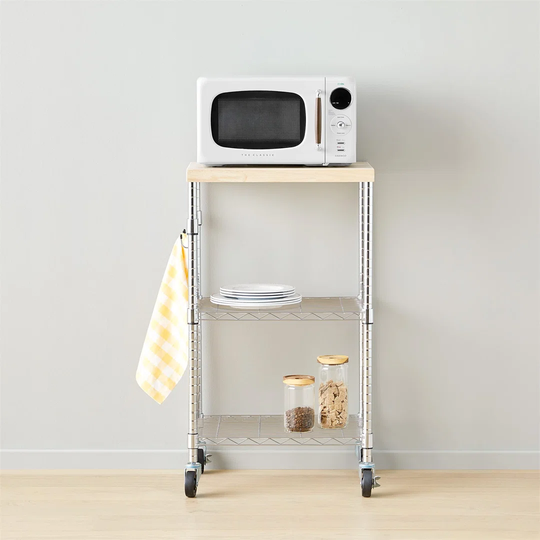 3-Tier Microwave Cart On Wheels With Removable Wood Top And Height-Adjustable Chrome Shelves With 175 Pound / 79.5Kg Weight Capacity, Wood/Chrome