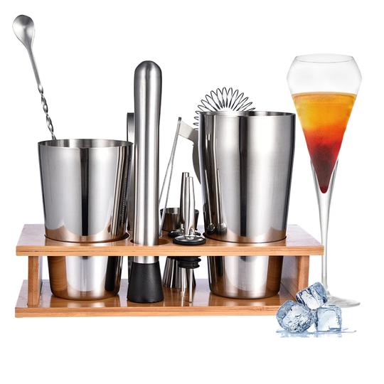Cocktail Shaker Set With Stylish Wooden Stand,11 Piece Cocktail Bar Set Bar Accessories Premium Stainless Steel Bartender Tools For Home, Bars,Outdoor