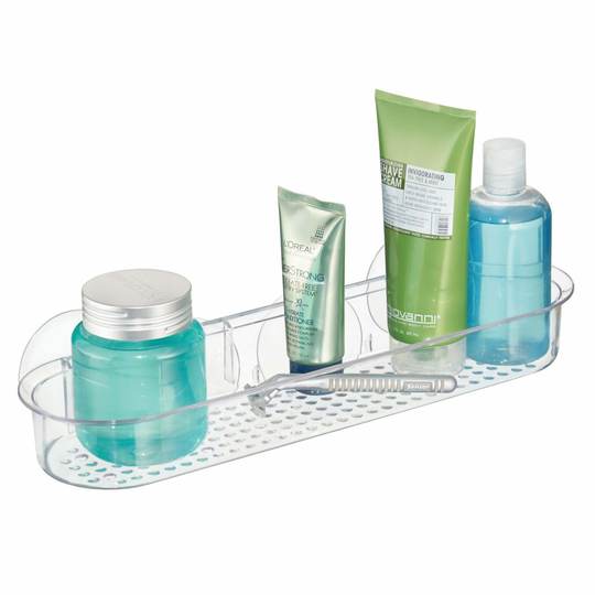 InterDesign Basic Shower Tray without Drilling, Long Bath Shelf, Made of Sturdy Plastic with Suction Cups, Clear
