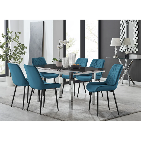 Enna Black Glass Extending Dining Table And 6 Blue Pesaro Black Leg Chairs