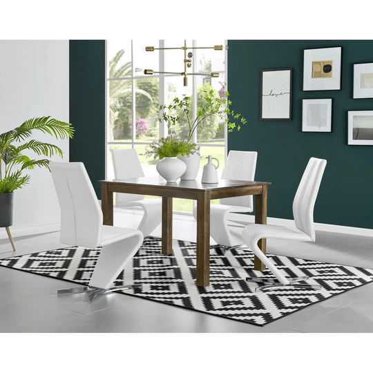 Anders Dark Walnut Solid Wood Dining Table & 4 White Willow Chairs
