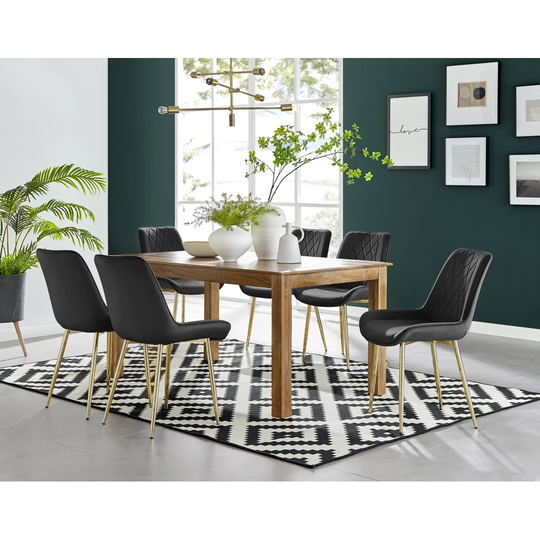Anders Honey Solid Wood Dining Table & 6 Black Pesaro Gold Leg Chairs