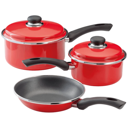 Judge Essentials Enamel, 3 Piece Red Cookware Set, 16/20 Non-Stick Saucepans, 20cm Non-Stick Fry,
