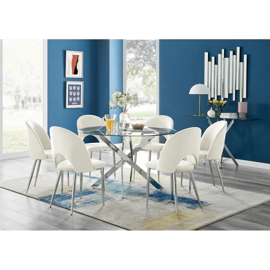 Novara 120Cm Round Glass Dining Table & 6 Cream Arlon Silver Leg Chairs