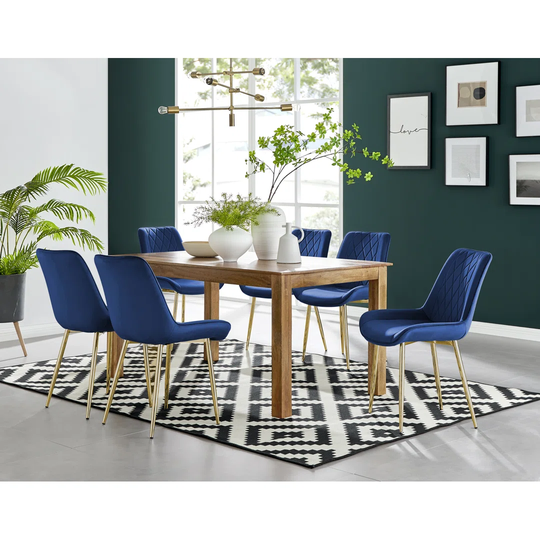 Anders Honey Solid Wood Dining Table & 6 Navy Pesaro Gold Leg Chairs