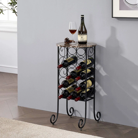 Metal Wine Rack Console Table, Freestanding Floor Bottles Organizer & Display Shelf With Faux Marble Finish Top, For Bar Kitchen Dining Living Room, S