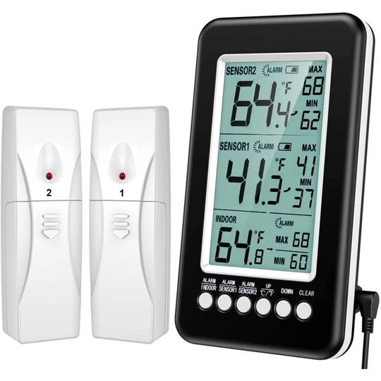 (Upgraded Version) Refrigerator Thermometer, Wireless Digital Freezer Thermometer with 2 Sensors, Indoor Outdoor