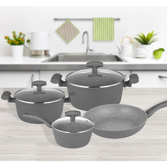 Cooking pots and pans set 7 pcs. Grey Pots Frying Pan Saucepan Dishwasher Safe