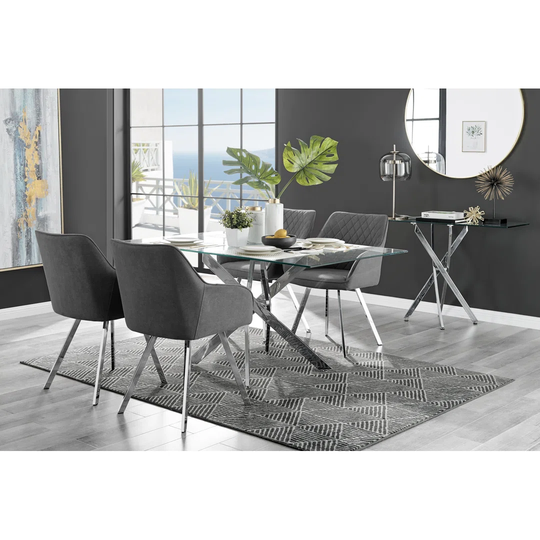 Leonardo Glass And Chrome Dining Table & 4 Dark Grey Falun Silver Leg Chairs