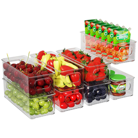 Fridge Organiser Set of 8, Stackable Storage Box, Small Refrigerator Organizer Bins with Handles for Kitchen, Freezer, Pantry, Cupboards - Clear BPA