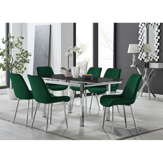 Enna Black Glass Extending Dining Table And 6 Green Pesaro Silver Leg Chairs