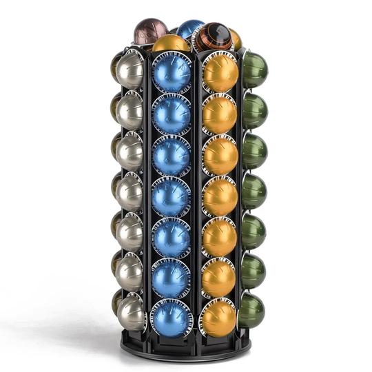 Carousel holder for coffee pods for Nespresso Vertuoline with central storage for additional pods