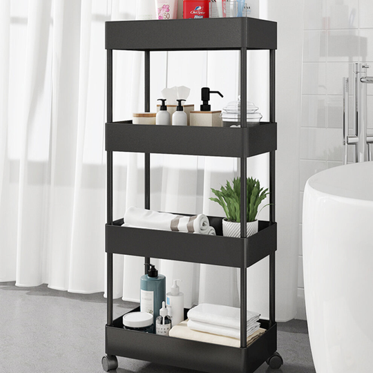 (Black, 4 Tiers) Kitchen Trolley Basket Rack Veg Fruit Holder Shelf