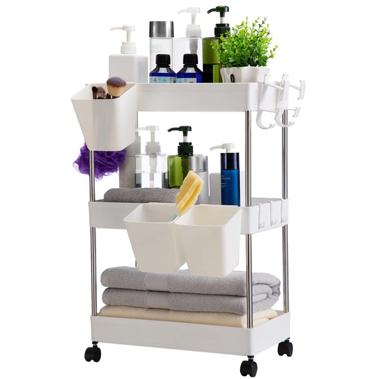 Storage Trolley Cart, 3-Tier Storage Cart With Wheels Rolling Utility Cart With Hanging Cups Multi-Purpose Storage Shelf Rack For Kitchen Bathroom Bed