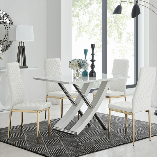 Chowchilla 4 Dining Table And 4 White Gold Leg Chairs
