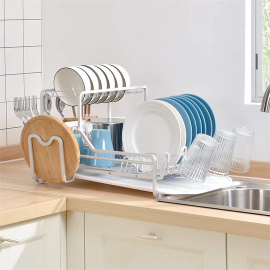 Dish Drainer Rack, 2 Tier Dish Drainer, Dish Rack, Plastic And Aluminium Drainer Tray With Bonus Utensil And Cutting Board Holders Choice Of Colours H