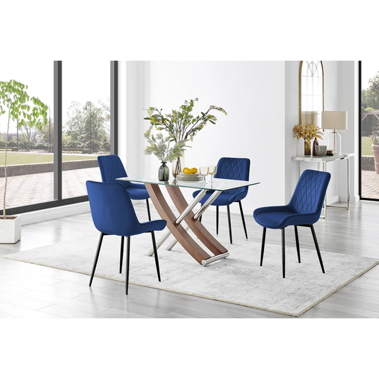 Mayfair Glass & Brown Wood Effect Dining Table & 4 Navy Pesaro Black Leg Chairs