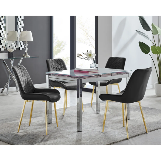 Enna Black Glass Extending Dining Table And 6 Black Pesaro Black Leg Chairs