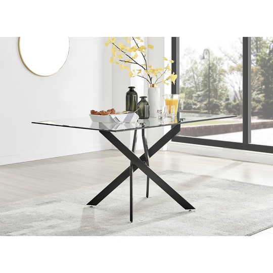 Leonardo Black Leg Glass Dining Table & 6 Navy Pesaro Gold Leg Chairs
