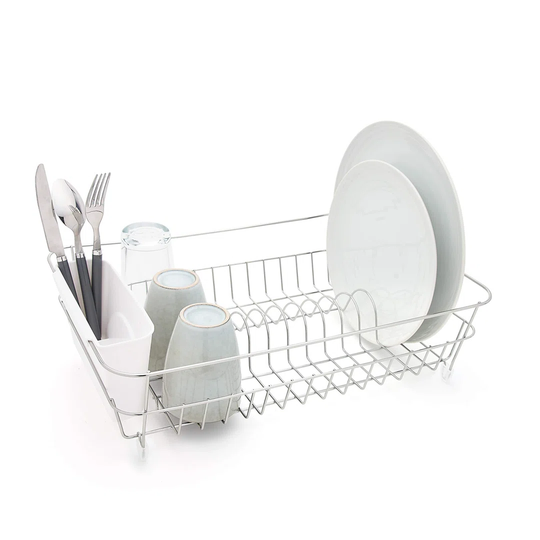 Chrome Dish Drainer With White Cutlery Basket - Anti Rust