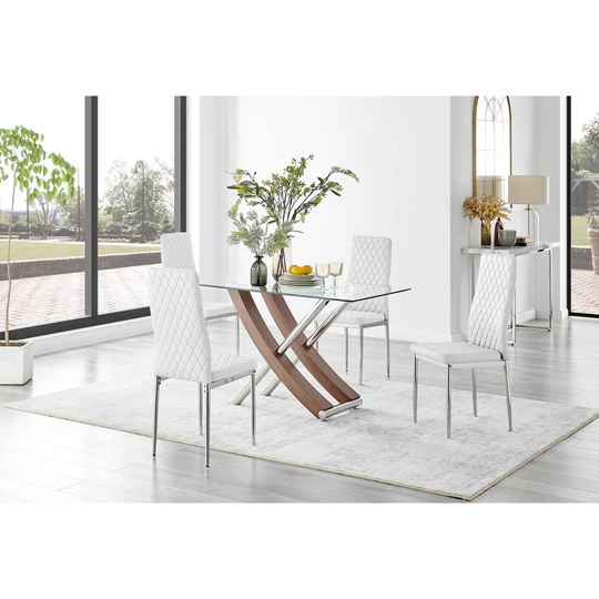 Mayfair Glass & Brown Wood Effect Dining Table & 4 White Milan Chrome Leg Chairs