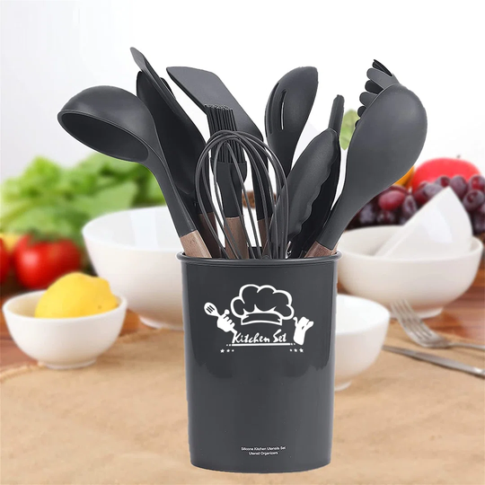 Silicone Kitchen Cooking Utensil - 12 Pcs Premium Black Kitchen Utensils Set With Wooden Handles Used For Cooking And Baking - Heat Resistant And No