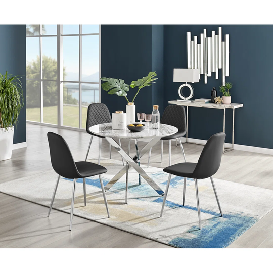 Novara White Marble Round Dining Table & 4 Black Corona Silver Chairs