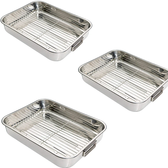 Stainless Steel Roasting Trays Oven Pan Dish Baking Roaster Tray Grill Rack Z - Size: Medium (Set Of 3)