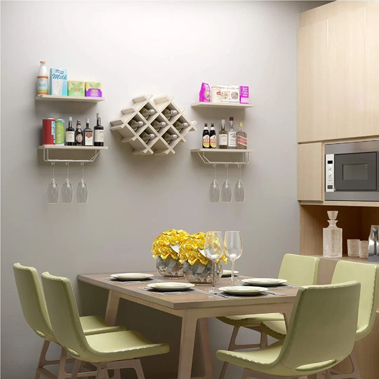 Wall-Mounted Wine Rack, Champagne Glass Storage Unit With 4 Shelves, 7 Bottles Rack & Glass Holder, Floating Display Shelf Bottle Holder For Kitchen B