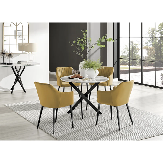Novara Black Leg Round Glass Dining Table & 4 Mustard Calla Black Leg Chairs