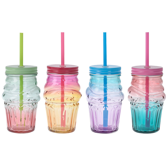 (1 of each) Cupcake Glass Drinking Jars With Handle & Straw Party Cups Glasses Screw Lid