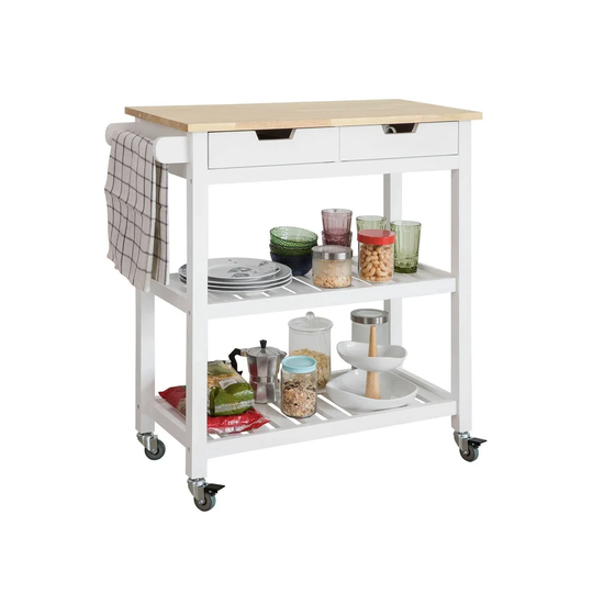 Kitchen Storage Trolley Serving Trolley Kitchen Shelf With Rubber Wood Top 2 Drawers 2 Shelves